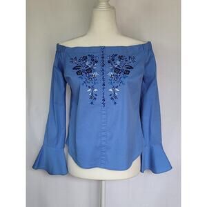Express Boho Embroidered Blue Off the Shoulder Long Flutter Sleeve Top Women's M